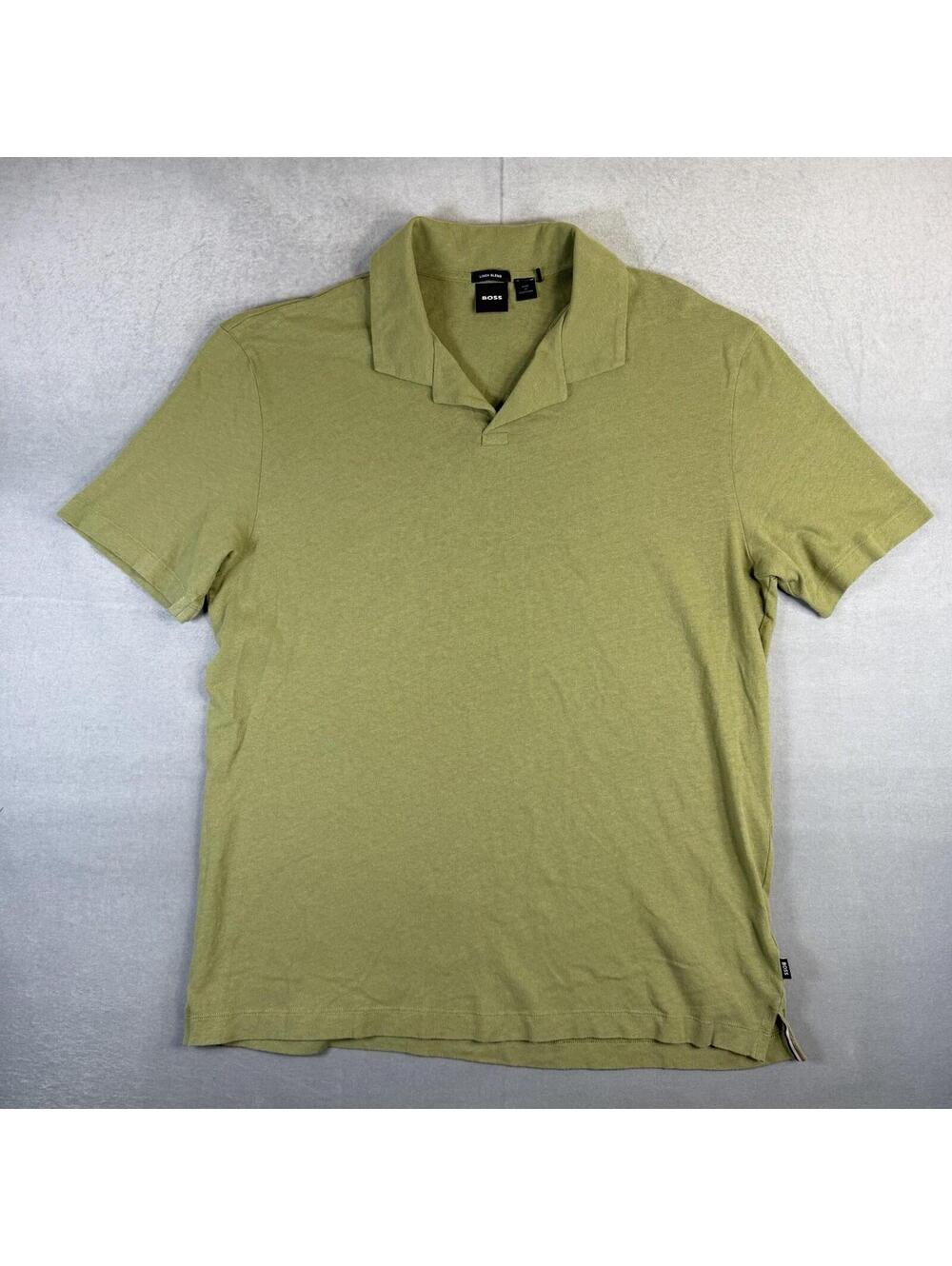 Hugo Boss Polo Shirt Mens XL Green Linen Blend Cotton Made In Portugal